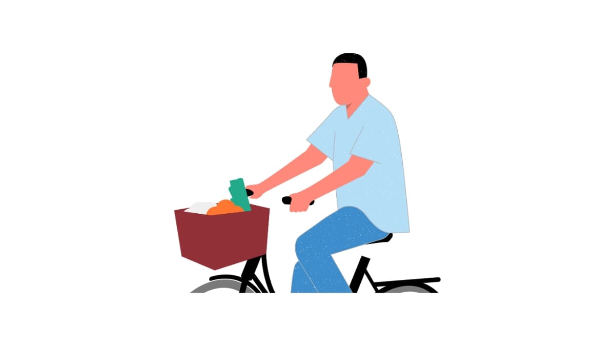 illustratie van man op fiets met groente in mandje